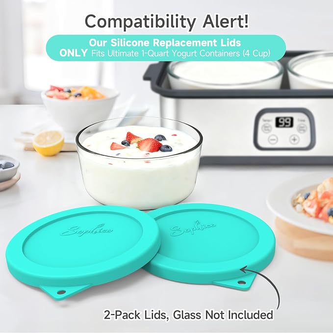 SOPHICO Silicone Replacement Lids Fit Ultimate 1-Quart Glass Containers, Airtight Seal Bowl Covers for Yogurt Fermentation, BPA-Free & Dishwasher Safe - Glass Not Included (Mint, 2 Pack)