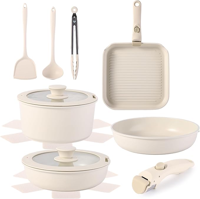 12 PCS Kitchen Cookware Set Aluminum non stick pan Removable & microwaveablewith, Induction Pot Pan Set for RV Cookware,Oven Safe, PFOA Free(White)