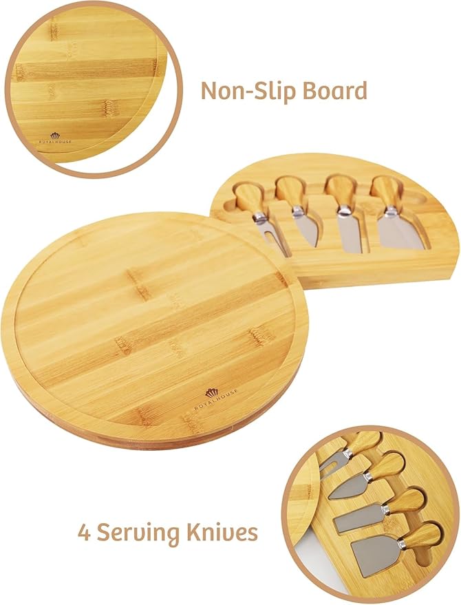 RoyalHouse Personalized Round Cheese Board, Custom Engraved Bamboo Charcuterie Board, Ideal for Weddings, Bridal Showers, and Special Occasions
