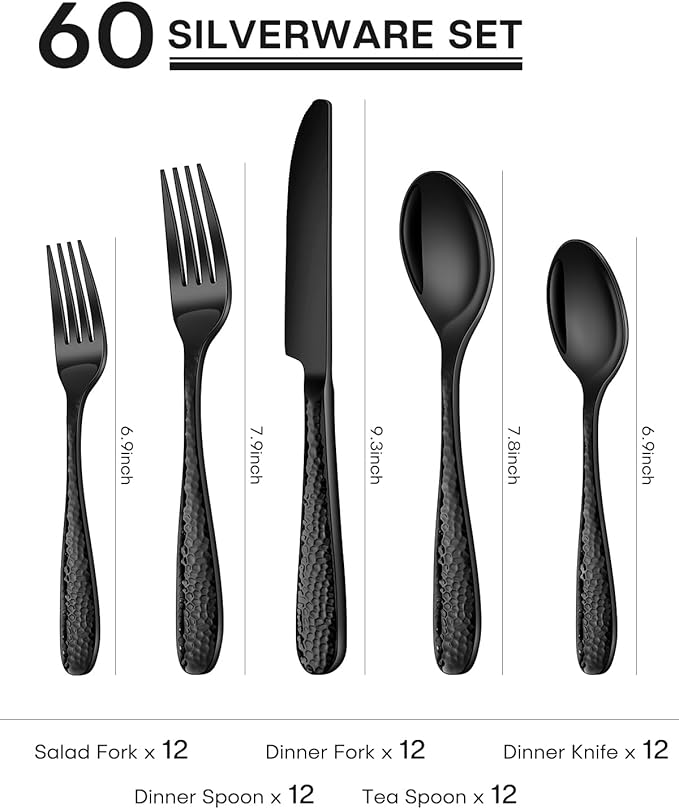 Hammered Silverware Set, Ollex 60-Piece Black Flatware Set for 12 Mirror Finish Stainless Steel Eating Utensils Sets Include Forks Spoons and Knives Tableware Kitchen Cutlery Sets, Dishwasher Safe