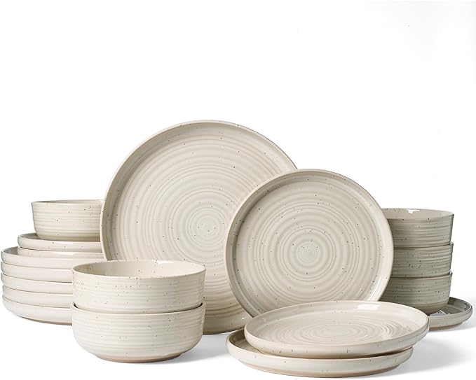 Plates and Bowls Sets for 6, Famiware Premium 18-Piece Stoneware Dinnerware Set, Spiral Flared Dish Set with Speckles & Reactive Glaze - Microwave & Dishwasher Safe Tableware, Shell Beige