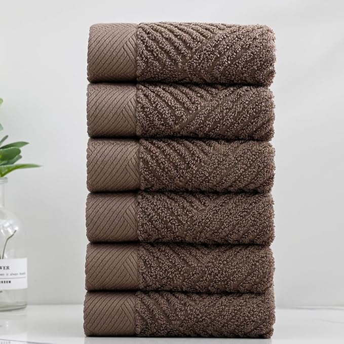sense gnosis Chocolate Washcloth Set of 6 Premium 100% Cotton Herringbone Striped Weave Ultra Soft Highly Absorbent Washcloths Towel for Bathroom 13 X 13 Inch