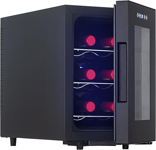 Iceblue Wine Fridge, Digital Temperature Control White & Red Wine 6 Bottle Wine Cooler with Wine Rack, Champagne Wine Cooler Refrigerator for Bar, Home,Kitchen,Gift (Black)