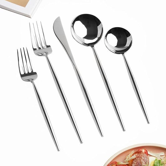 Homelux Theory 18/10 Stainless Steel Silverware Set, 2 Cutlery Set of 5pc Heavy Duty Spoons & Forks Set, Stainless Steel Kitchen Utensils, Adaline Royal Modern Utensils & Contemporary Flatware Set