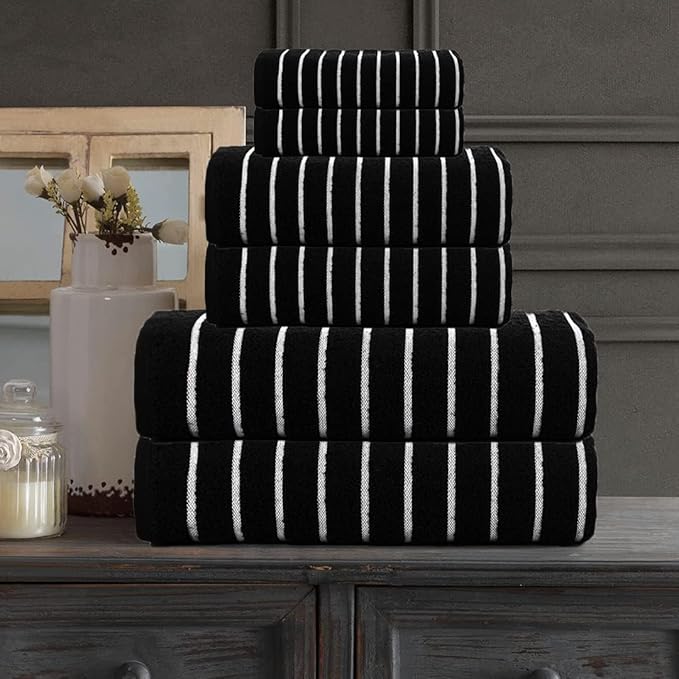 CASA COPENHAGEN Ecstatic 6 Pieces Towel Set- Black, 600 GSM 2 Bath Towel 2 Hand Towel 2 Washcloth, Designed in Denmark Made of Soft Egyptian Cotton for Bathroom, Kitchen & Shower