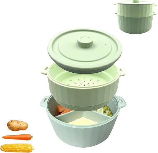 2-Tier Silicone Microwave Steamer, Divided Compartments with Lid, Stackable Food Container, Sage Green
