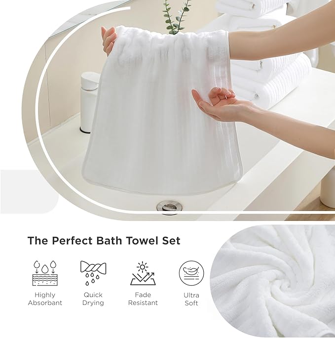 18 Piece Family Bath Towel Set Include 6 Bath Towels,6 Hand Towels and 6 Washcloths Soft Bathroom Towel with Hanging Loops,Highly Absorbent Quick Dry Towels Set for Bathroom,Hotel and Spa-White
