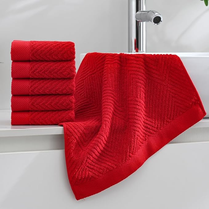 sense gnosis Red Washcloth Set of 6 Premium 100% Cotton Herringbone Striped Weave Ultra Soft Highly Absorbent Washcloth for Kitchen Home Bathroom 13 X 13 Inch