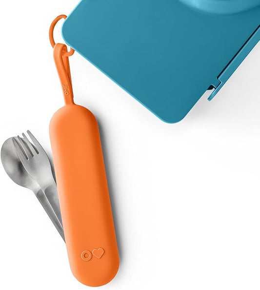 Omie OmieBox Travel Utensil Set | Fork and Spoon with Case for Easy Travel | Stainless Steel Fork and Spoon (Orange)