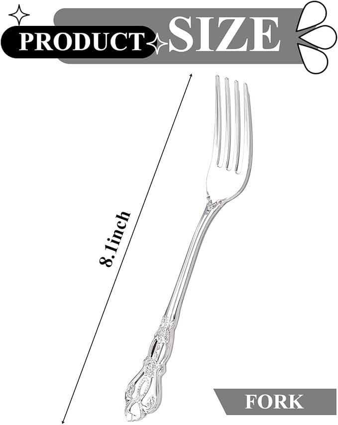 30PCS Silver Plastic Forks - 8.1inch Silver Forks Disposable - Vintage Heavy Duty Dessert Forks - Premium Fancy Plastic Silverware for Parties, Weddings, Dinners and Events
