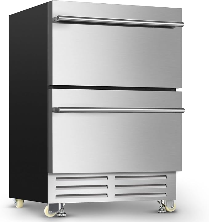 24 Inch Dual Drawer Fridge Under Counter with Wheels, Outdoor Beverage Refrigerator for Patio, Stainless Steel Weather-Proof, Freestanding or Built-In Installation, Ideal for Home and Commercial Use
