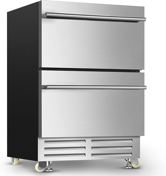 24 Inch Dual Drawer Fridge Under Counter with Wheels, Outdoor Beverage Refrigerator for Patio, Stainless Steel Weather-Proof, Freestanding or Built-In Installation, Ideal for Home and Commercial Use