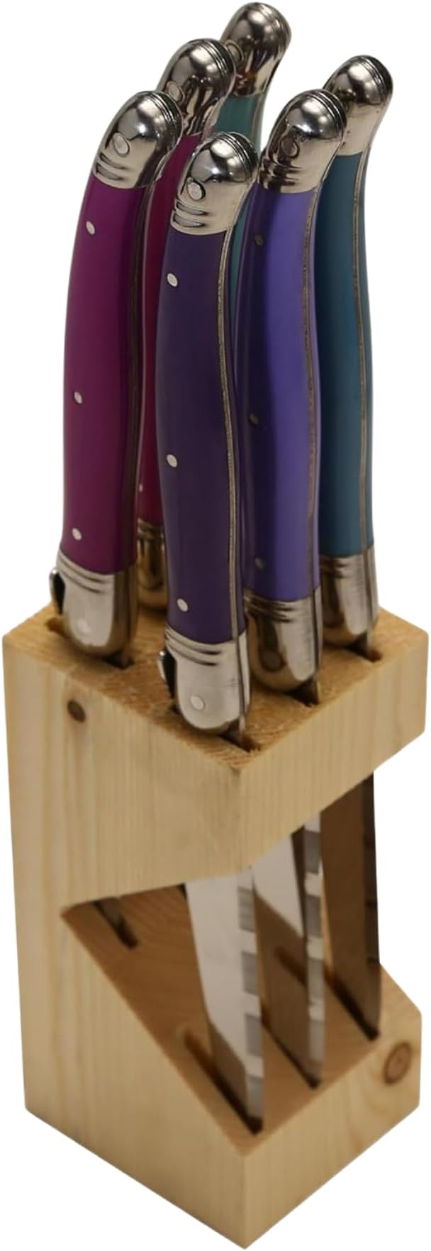Jean Dubost Laguiole 6-Piece Steak Knife Set, Provence Purple Handles - 1.2 mm Blades - Rust-Resistant Stainless Steel - Includes Wooden Block - Made in France