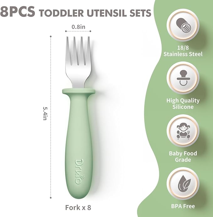DRKIO 8 Pieces Toddler Forks Set - Baby Forks with Silicone Handle Children safe 18/8 Stainless Steel Toddler Utensils Set for Self Feeding Kids Silverware Anti-Choke Design Food Grade Dishwasher Safe