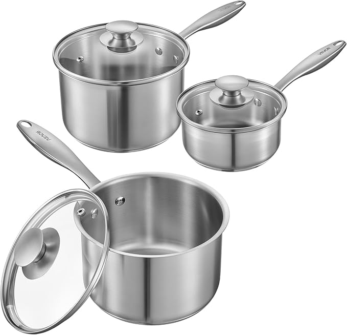 VEVOR Stainless Steel Saucepan Set, 1 QT & 2 QT & 3 QT Saucepans with Glass Lids, Multipurpose Nonstick Stainless Steel Sauce Pot with Ergonomic Handle, Friendly for Oven, Dishwasher, Induction Cooker