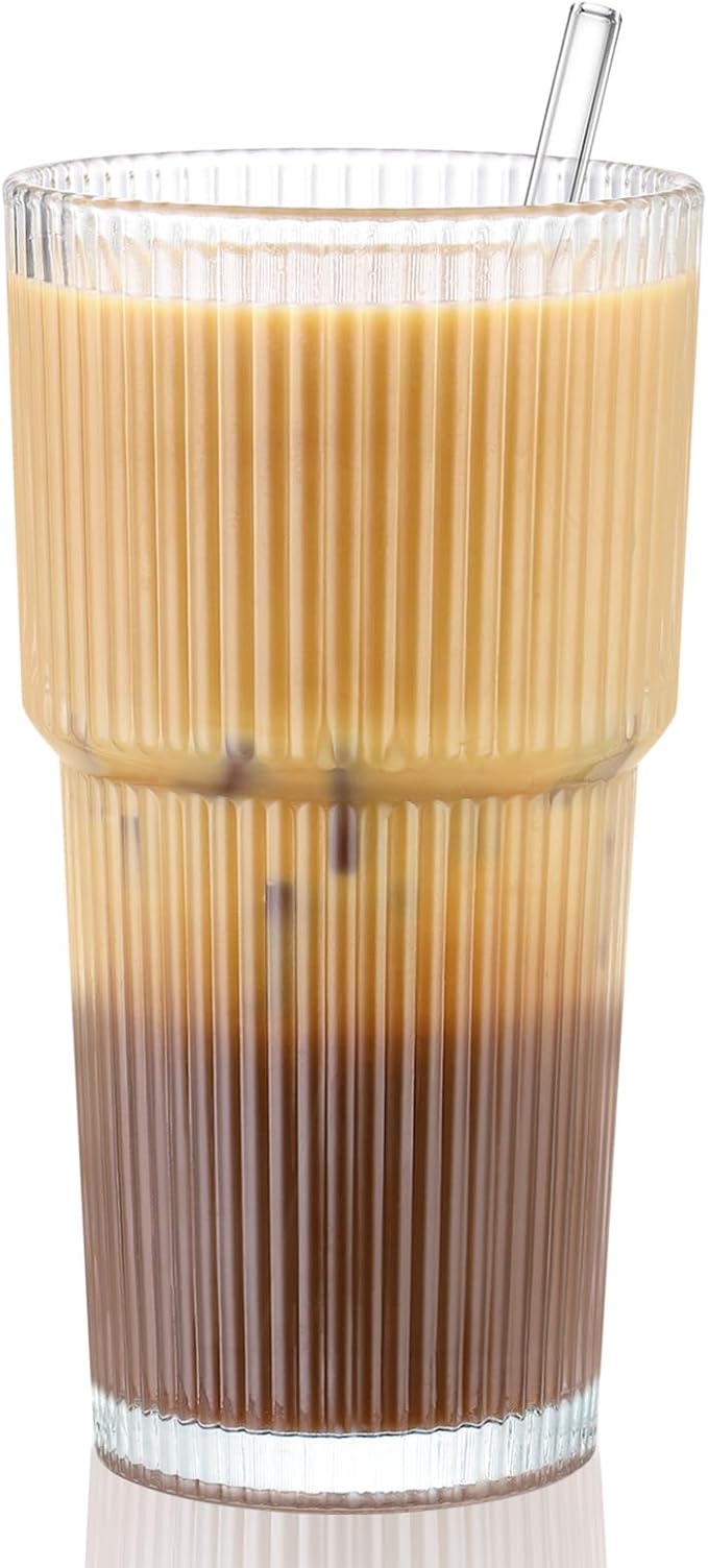 20 oz Glass Cup and Straw 3 Set, Glass Tumbler with Straw, Vintage Glassware for Whiskey Cocktail Beer, Iced Coffee Cups (3 PACK)