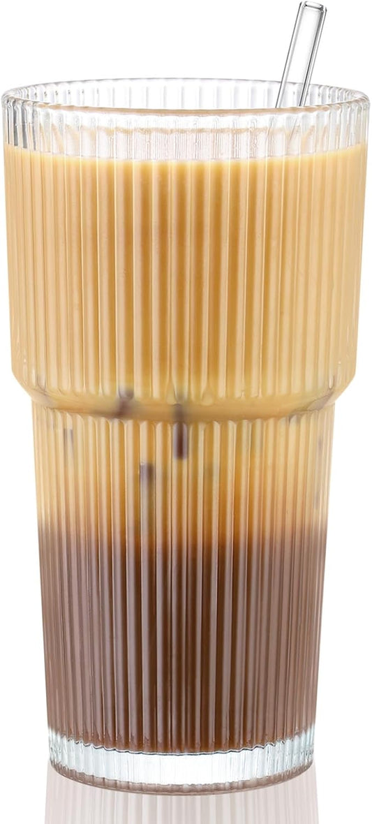 20 oz Glass Cup and Straw, Glass Tumbler with Straw, Vintage Glassware for Whiskey Cocktail Beer, Iced Coffee Cups (1 PACK)