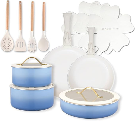 20pcs Ceramic Cookware Set Nonstick, Detachable Handle Pots and Pans Set, Non Toxic,No PFAS & PTFE & PFOA, Dishwasher/Oven Safe, RV Kitchen Set Removable Handle for Cooking, Blue
