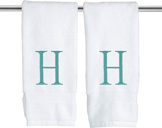 White and Teal Monogrammed Hand Towel - Monogram Initial Hotel Quality Decorative Embroidered Luxury Towel for Powder Room, Spa - GOTS Organic Certified - Set of 2 Letter H