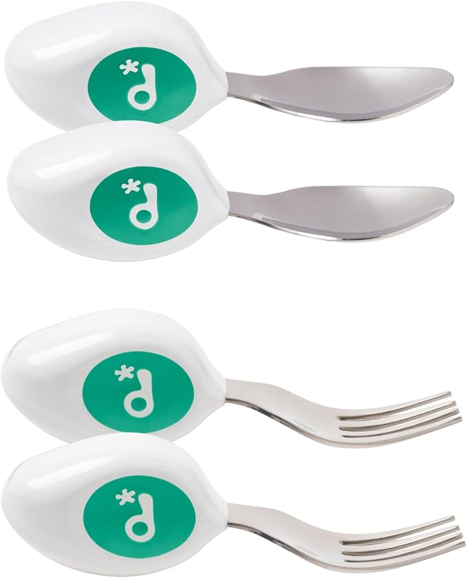 doddl Toddler Utensils, Ergonomic Fork and Spoon Set for Self Feeding, Stainless Steel Silverware for 1-3 Year Olds, BPA Free, Dishwasher Safe (Aqua (Twin Pack))