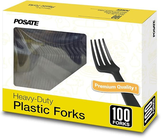 POSATE Disposable Forks, Plastic Forks, Pack of 100, Black, Disposable Utensils for Party Supply