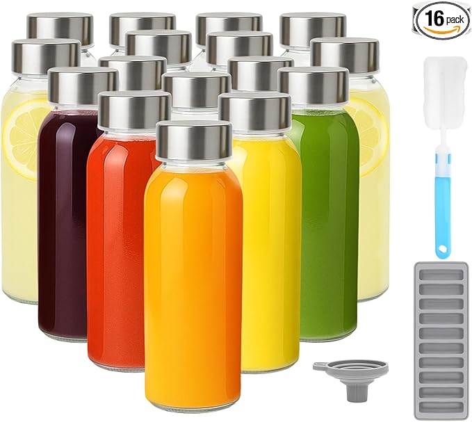 Zukro Glass Water Bottles with Lids 10.5 oz, 16 Pack Clear Reusable Glass Small Juice Bottles With Stainless Steel Cap for Juicing, Milk, Ginger Shot, BPA-Free Leak Proof 300ml Drinking Container Jar