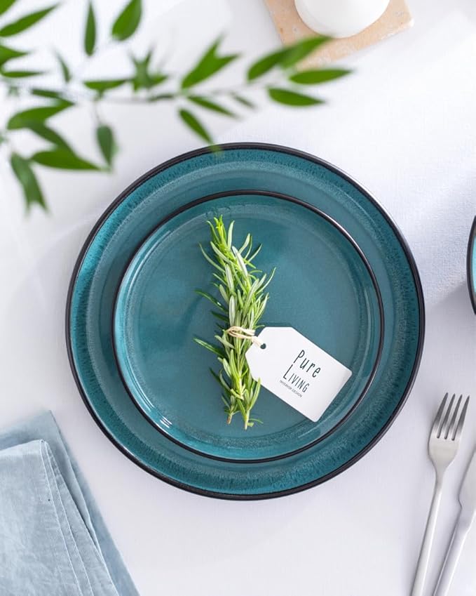 16 Piece Dinnerware Sets for 4 - Modern Style Stoneware Dinnerware Set - Scratch Resistant, Dishwasher Safe Plates and Bowls Sets Ceramic, Dish Set, Bowl and Plate Set - Black and Petrol Blue…