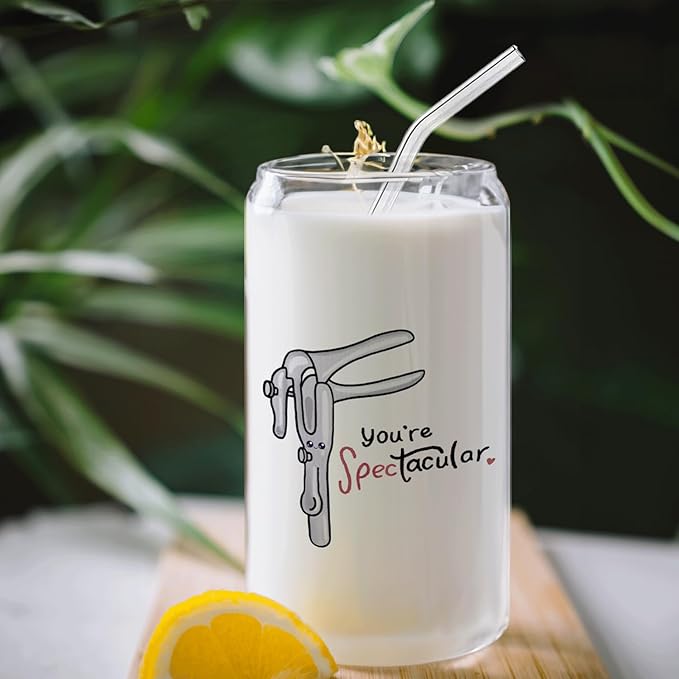 Midwife Doctor Nurse Gifts Iced Coffee Glass Cup, You're Spec-Tacular Glass Cup with Lids and Straws 14oz, Midwife Thank You Gifts Coffee Tumbler Drinking Jars with Cleaning Brush