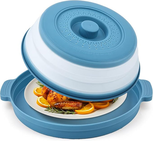 Microwave Splatter Cover for Food with Anti-scald Base Plate,Large Plastic & Silicone Vented Avoid Scalding Collapsible Guard Lid,Kitchen Essential Gadgets for Meal Prep-10.7 Inch (Blue)