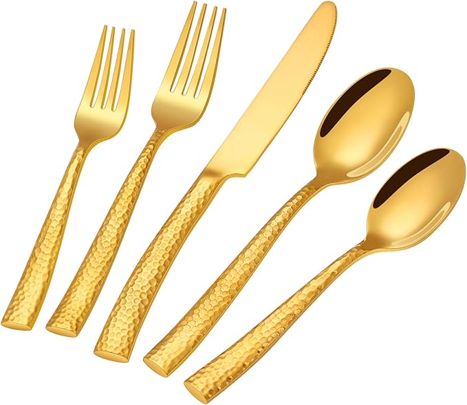 Silverware Set,Ollex 60-Pieces Hammered Gold Flatware Cutlery Set for 12 Mirror Finished with Anti-rust stainless steel Spoon Knives Forks for Kitchen Hotel Party Modern Utensil Sets,Dishwasher Safe