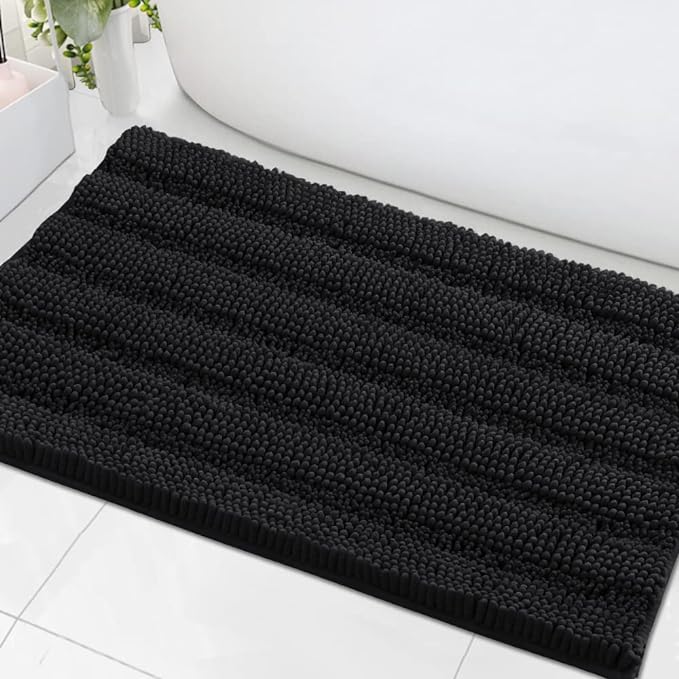 H.VERSAILTEX Bath Mats for Bathroom Non Slip Extra Thick Chenille Striped Bath Rug 24" x 36" Absorbent Non Skid Fluffy Soft Shaggy Rugs Washable Dry Fast Plush Mats for Indoor, Bath Room, Tub - Black
