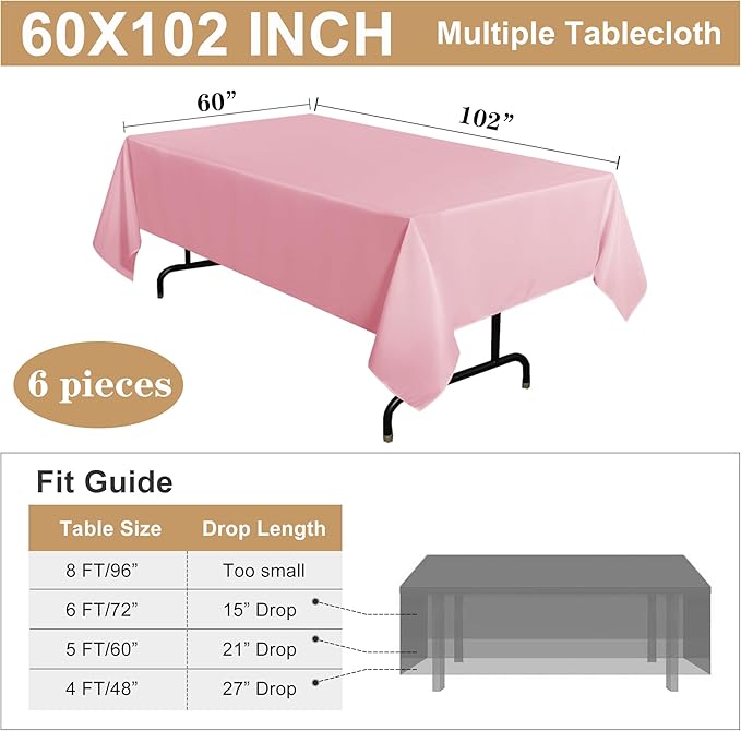 sancua 6 Pack Pink Tablecloth 60 x 102 Inch, Rectangle Table Cloth for 6 Feet Tables - Stain and Wrinkle Resistant Washable Polyester Table Cover for Dining Tables, Valentines Parties