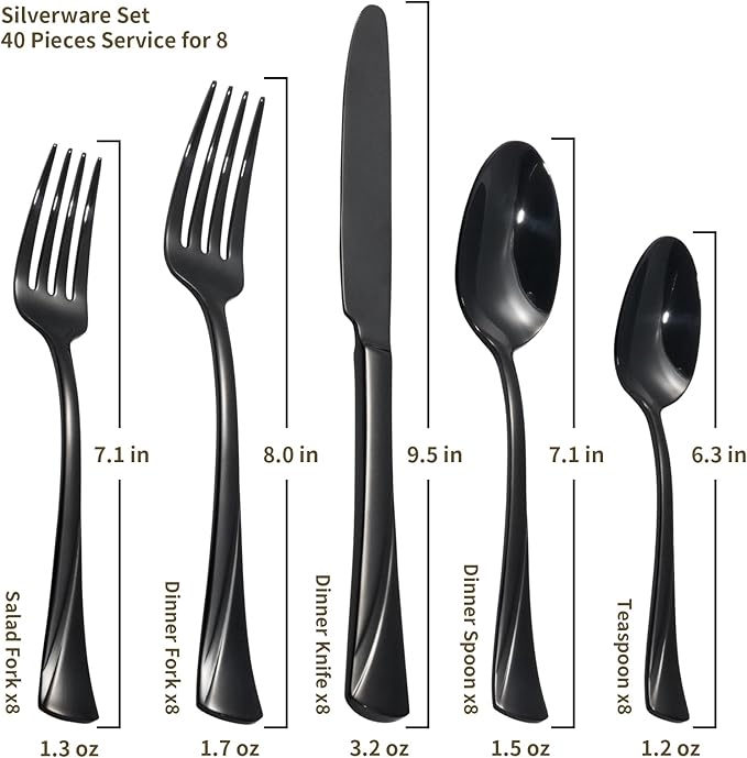 Alata Alice Black Mirror 40-Piece Silverware Set Stainless Steel Flatware Set,Service for 8,Mirror Polished Cutlery Set,Dishwasher Safe