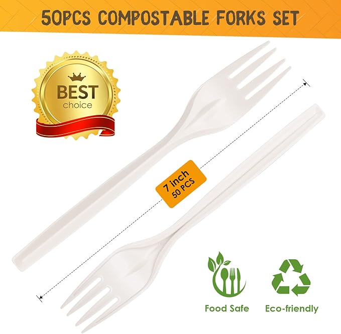 Gezond Compostable Forks 50 Count 7 Inch No Plastic Disposable Forks Heavy-duty Cutlery Set Eco-Friendly Utensils for Party Wedding Camping Office Picnic