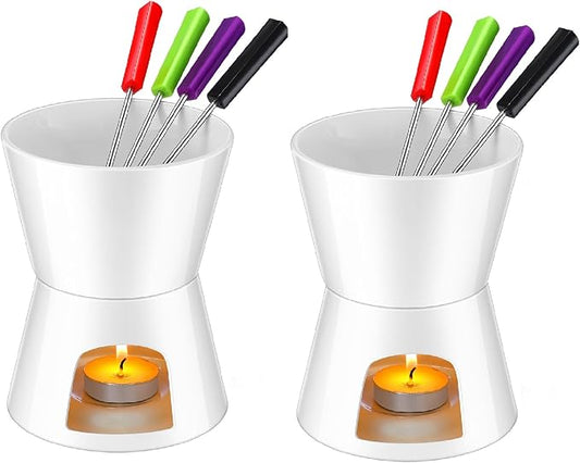 Mudder 2 Pieces Fondue Mug Ceramic Pot and 8 Pieces Forks Set for Melting Chocolate, Cheese, Broth Or Tapas On Valentine's Day, White