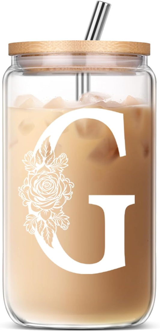 Gifts for Women, Personalized Monogrammed Gifts for Sister Mom Friend Wife, Birthday & Ideas 2024 - Cute Iced Coffee Glass Cups with Lids & Straws