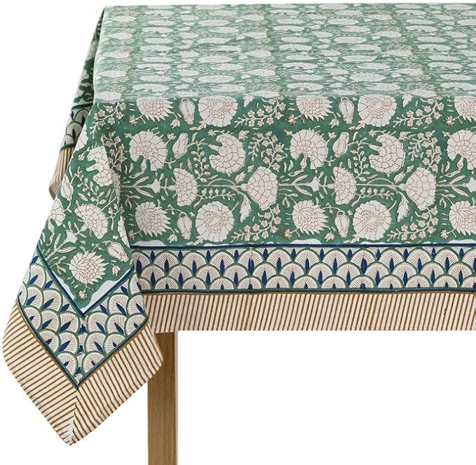 Ridhi Turquoise Moss Green Hand Block Print Cotton Rectangle Tablecloth 120" x 60" inches Reusable Table Cover Decorative Everyday Use for Dining, Farmhouse, Home, Party, Festive, Wedding, Fall