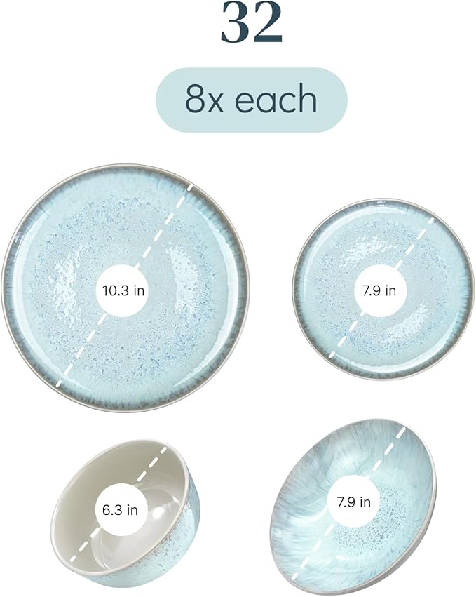 Stoneware dinnerware set 8 persons 32 pcs – Modern style plates and bowls set ceramic – Dishwasher safe and scratch resistant – Bowl and plate set – Dinner service Pure Living beige & blue