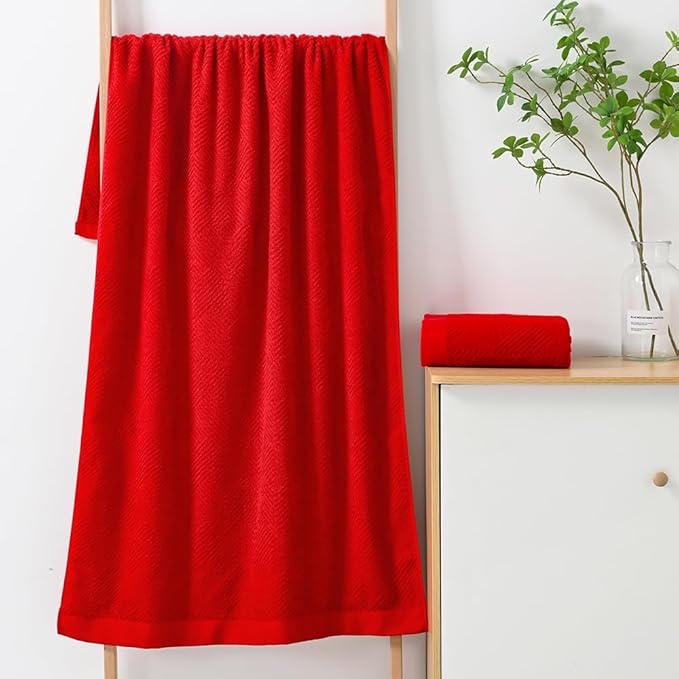 sense gnosis Red Bath Towel Set of 2 Premium 100% Cotton Herringbone Striped Weave Ultra Soft Highly Absorbent Bath Towel for Bathroom 27 X 55 Inch