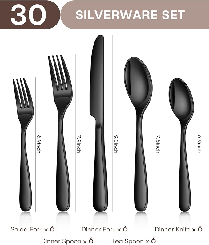 30 Pieces Black Silverware Set for 6, Heavy Duty Black Stainless Steel Flatware Set Include Knives Forks Spoons Set Premium Modern Utensil Mirror Polished, dishwasher Safe