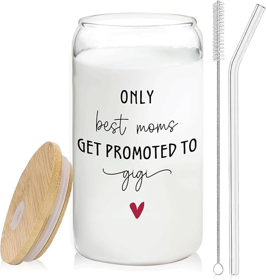 Gigi Grandma Announcement Gifts Glass Cup with Lids and Straws 14oz, Pregnancy Announcement for Grandma, Get Promoted to Gigi Glass Iced Coffee Tumbler Drinking Jars with Cleaning Brush
