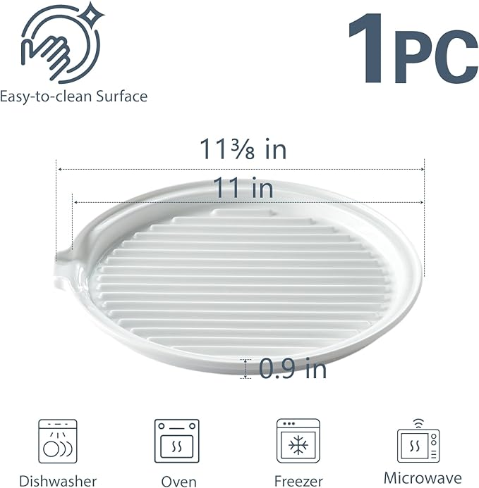 ONEMORE Microwave Bacon Tray Ceramic Bacon Cooker Meat Rack for Oven Cooking Crispy Bacon Maker - 11 inch Round Bacon Dish Plate, White