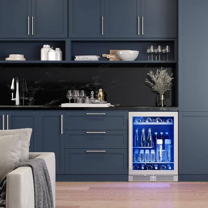Zephyr Presrv 24 Inch Beverage and Wine Fridge Single Zone Under Counter, Built-in Drink Refrigerator, 7 Bottles, 108 x12oz Cans