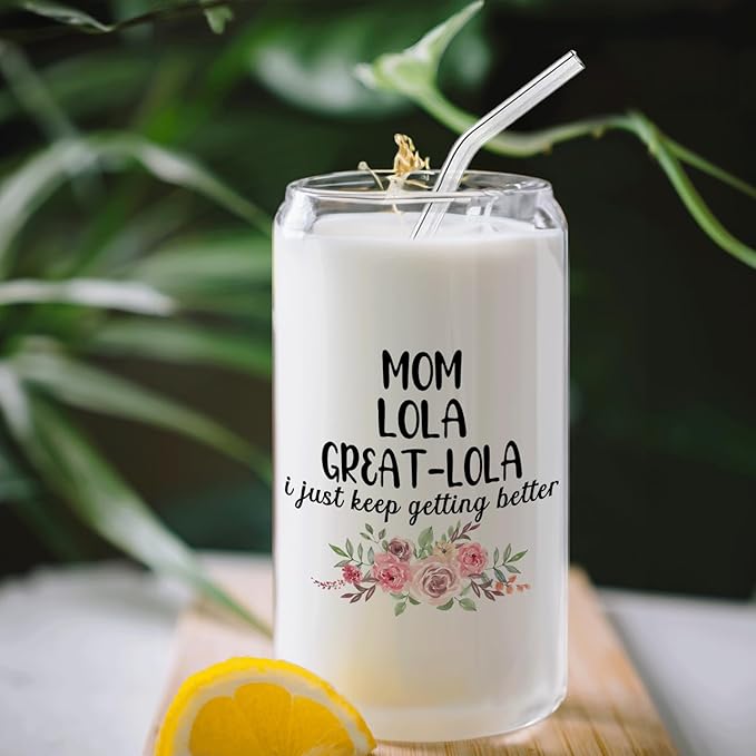 Christmas Grandma Gifts For Grandma Mom Lola Great Lola Glass Coffee Cup With Lid And Straws 14oz - christmas Glass Cup gifts For Grandmother