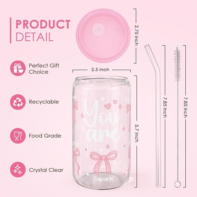 Christian 16oz Can Glass Tumbler with Acrylic Lid & Straw, Iced Coffee Cup for Women Girls, Aesthetic Cups Gifts for Birthday Christmas