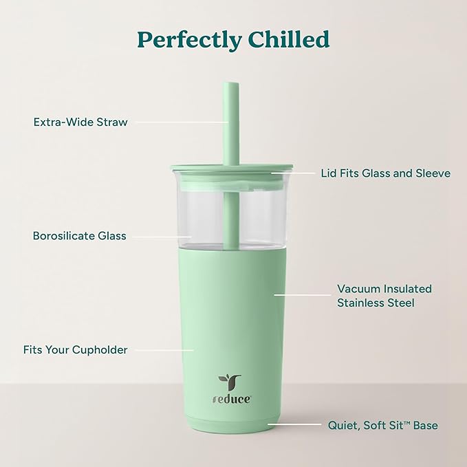 REDUCE Aspen 20 oz Vacuum Insulated Glass Tumbler with Lid & Extra Wide Straw - Keeps Drinks Cold for 12 Hrs - Ideal for Iced Coffee, Smoothies & Boba - Dishwasher Safe, Soft Base - Matcha
