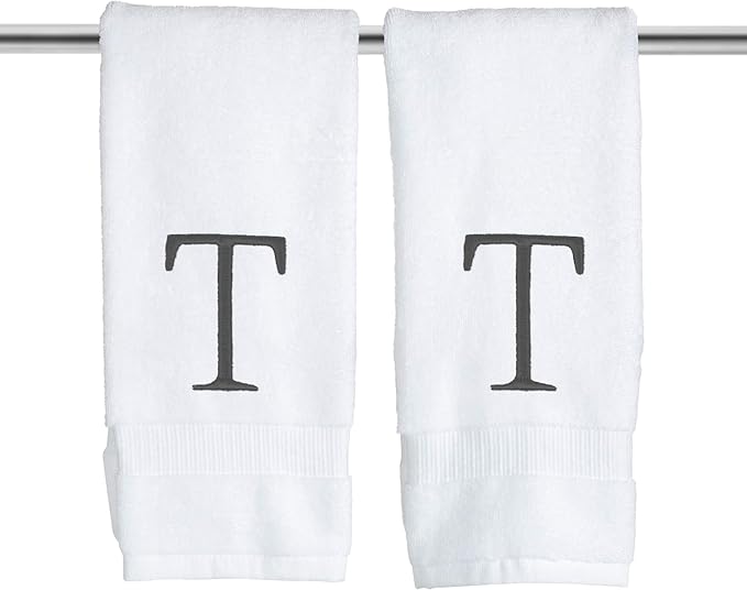 Dark Gray and White Bathroom Hand Towel - Monogrammed Luxury Hotel Quality Decorative Embroidered Towel for Powder Room, Spa - GOTS Organic Certified - Pack of 2, Letter T