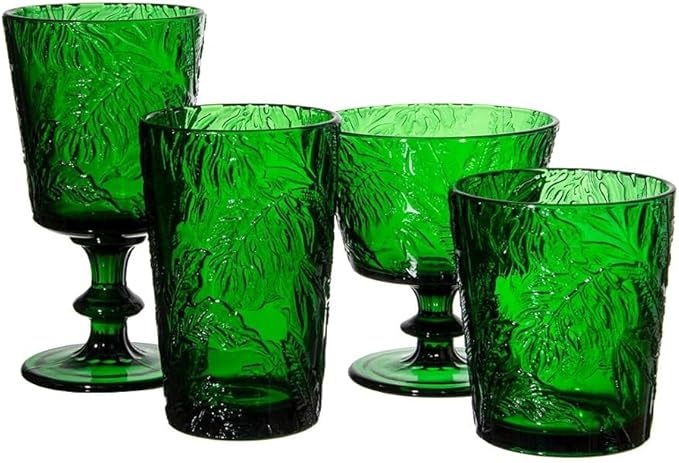 Jomop Handmade Pressed Colored Stemmed Wine Glasses Set Green Set of 4 Retro Christmas Vintage Glassware (4, Wine Goblet)