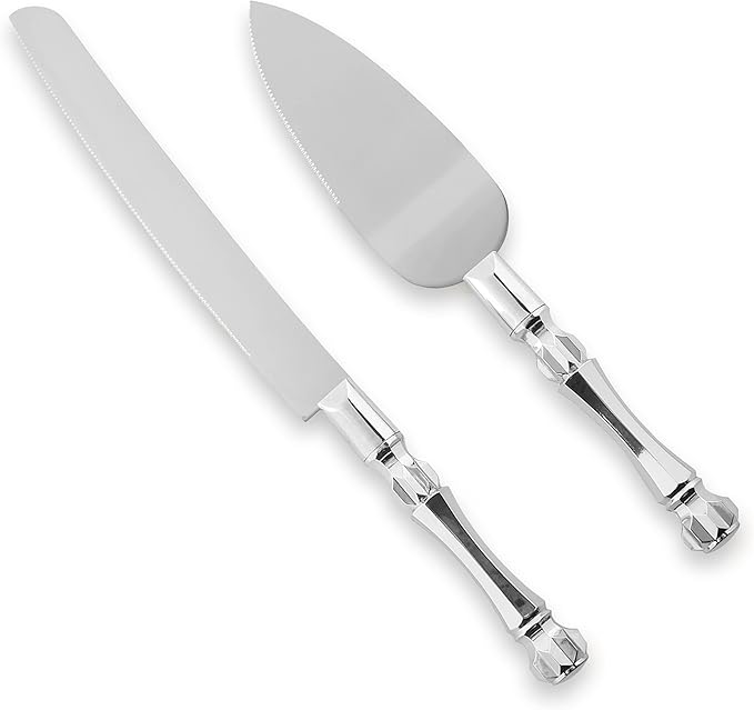Cake Knife and Server Set, Cake Cutter and Pie Spatula, Cake Server and Knife Set with Acrylic Crystal Handles, Cake Cutting Set for Wedding Cake – 1.2mm Thick Blades, Birthdays, and Parties (Silver)