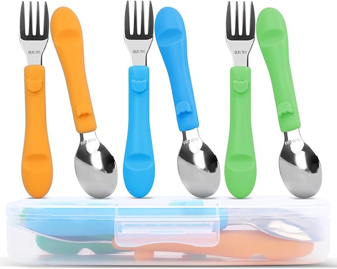 6PCS Toddler Utensils, 316 Stainless Steel Baby Safe Forks + Spoons with Silicone Handle, BPA Free Dishwasher Safe Kids Silverware Cutlery with Box, Bright Orange/Blue/Green